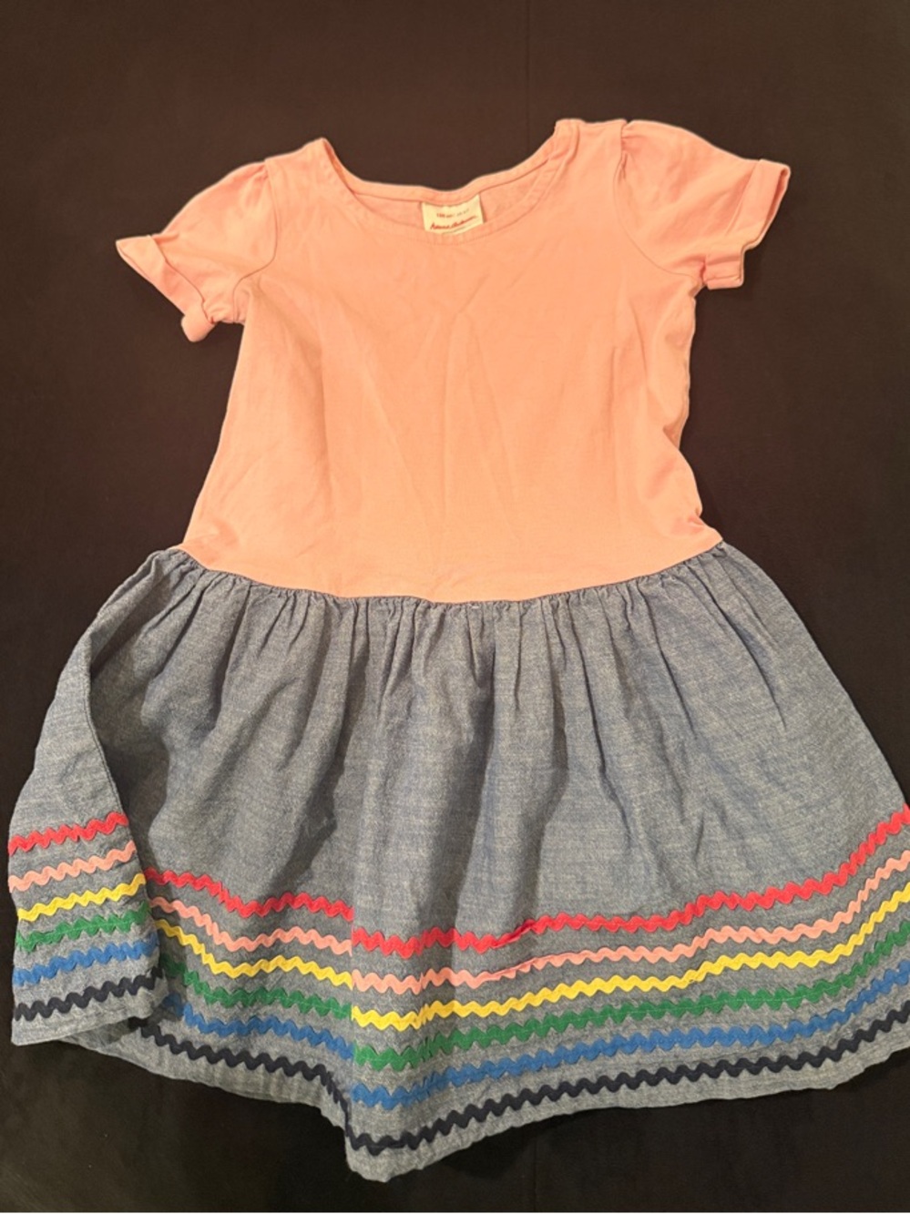 Hanna Andersson Pink Top Chambray Skirt Dress with Rainbow Rickrack